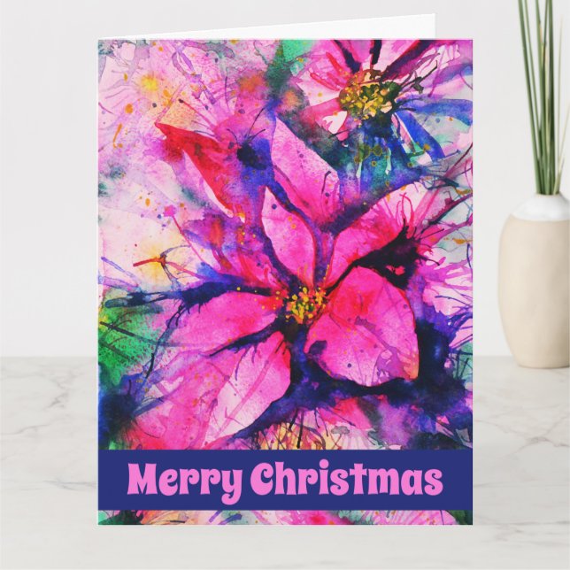 Pink Abstract Poinsettia Watercolor Christmas Card (Front)