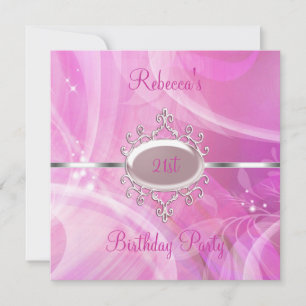Pink Abstract Silver Jewel 21st Elegant Birthday Invitation