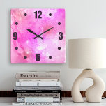 Pink Abstract Watercolor Galaxy Bold Typography Square Wall Clock<br><div class="desc">Tiny purple hot pink star numbers twinkle on a dappled pink celestial abstract watercolor background. Enliven up your favorite room with this stunning, vibrant wall clock. Your choice of a round or square clock face. Makes a great housewarming gift! You can easily personalize this wall clock. Please message me with...</div>