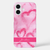 Pink Abstract Watercolor Hearts w/ Name Girly