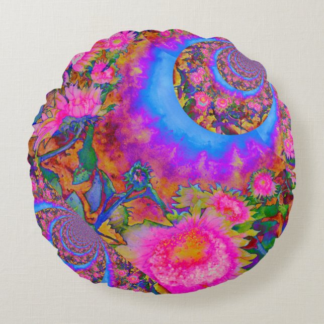 Pink abstract watercolor painting round cushion (Front)