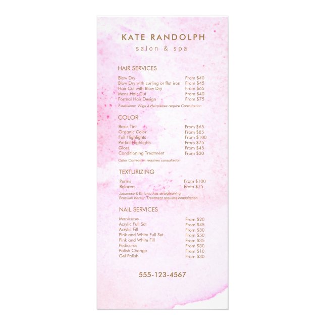 Pink Abstract Watercolor Salon Price List Menu (Front)