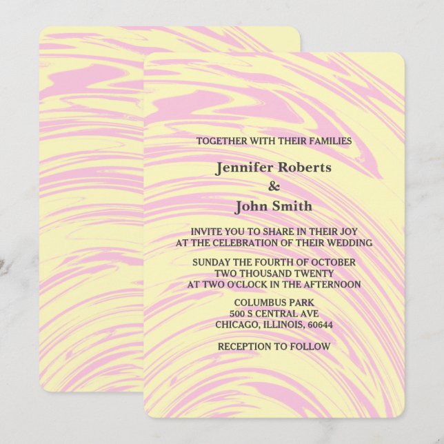 Pink Abstract Waves Yellow Ivory Beige Wedding Invitation (Front/Back)