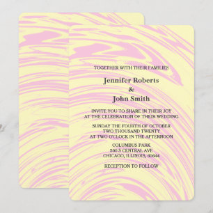 Pink Abstract Waves Yellow Ivory Beige Wedding Invitation