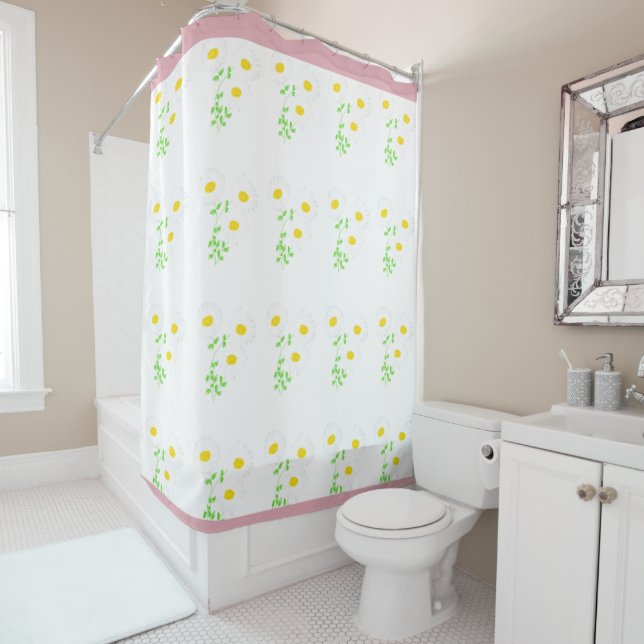 Pink Accents Pretty Daisy Flowered Bath Curtain (In Situ)