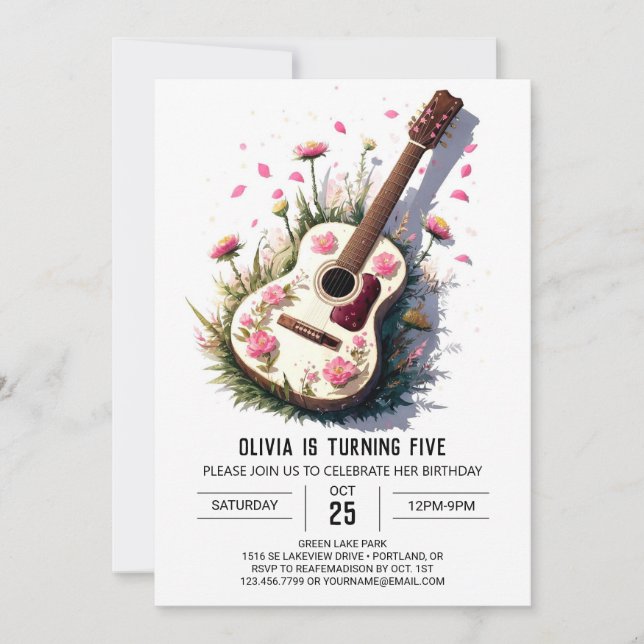  Pink Acoustic Guitar Birthday Invitation (Front)