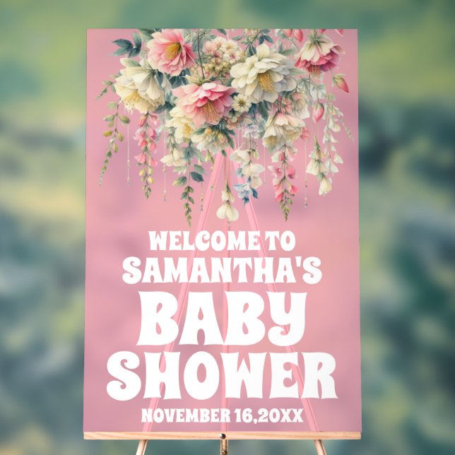 Pink Acrylic Floral Girl Baby Shower Welcome Sign (Neutral)