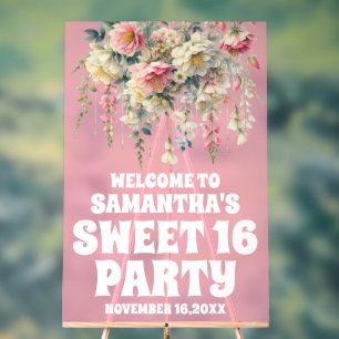 Pink Acrylic Floral Sweet 16 Welcome Sign