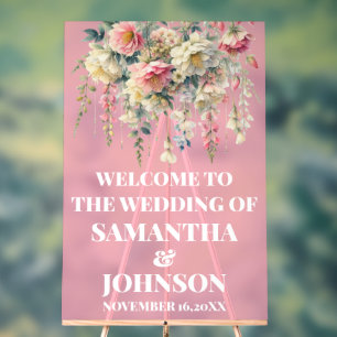 Pink Acrylic Floral Wedding Welcome Sign