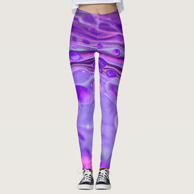 Pink Acrylic Purple, Fluid Art Painting Marble Leggings (Front)