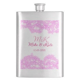 Pink add couple name date monogram glitter sparkle hip flask