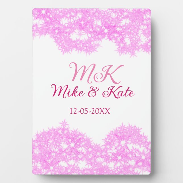 Pink add couple name date monogram glitter sparkle plaque (Front)