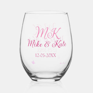 Pink add couple name date monogram glitter sparkle stemless wine glass