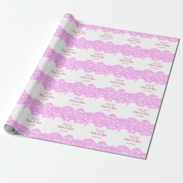Pink add couple name date monogram glitter sparkle wrapping paper (Unrolled)