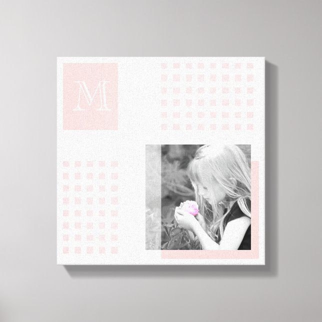Pink Add Your Photo Gingham Modern Monogram Canvas Print (Front)