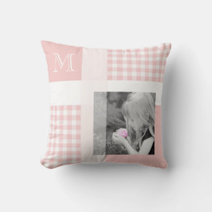 Pink Add Your Photo Gingham Modern Monogram Cushion