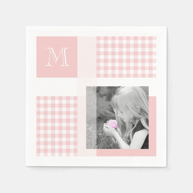 Pink Add Your Photo Gingham Modern Monogram Napkin (Front)