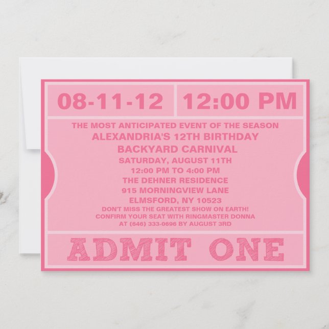 Pink Admit One Ticket Invitation Birthday Party (Front)