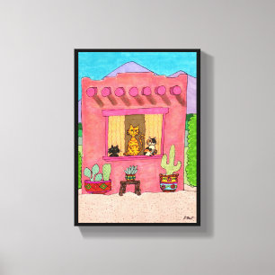 Pink Adobe House Cute Cats Taos Desert Southwest Canvas Print