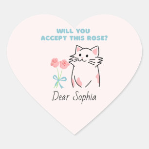 Pink Adorable Cat&Rose Heart Sticker
