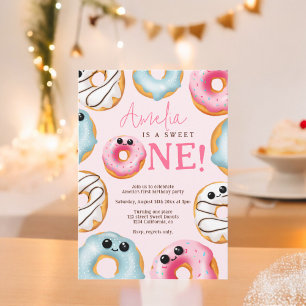 Pink Adorable Sweet One cute doughnuts 1st birthda Invitation