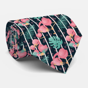 Pink Adult and Baby Flamingos Green Leaves Tie