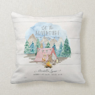 Pink Adventure Begin Rustic Birth Stats Baby Girl Cushion