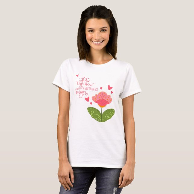 Pink Adventures Cute Floral Inspirivity T-Shirt (Front Full)