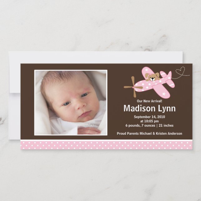 Pink Aeroplane Baby Girl Birth Annoucement Announcement (Front)