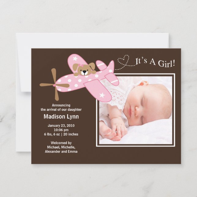Pink Aeroplane Baby Girl Birth Annoucement Invitation (Front)