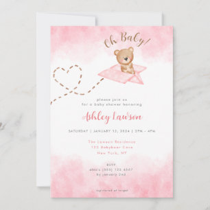 Pink Aeroplane Bear Baby Shower Invitation