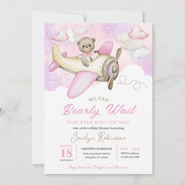 Pink Aeroplane Flying Teddy Bear Clouds Baby Showe Invitation (Front)