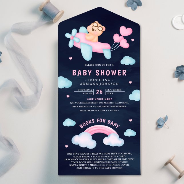 Pink Aeroplane Girl Teddy Bear Navy Baby Shower All In One Invitation (Creator Uploaded)