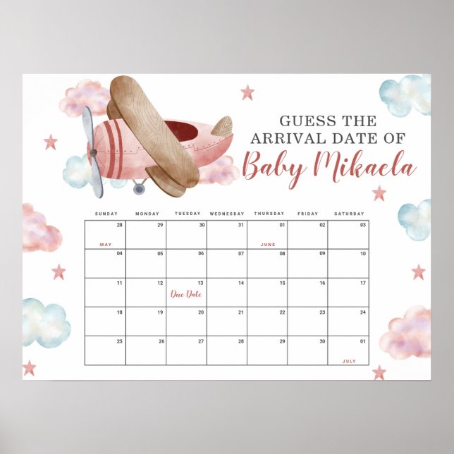 Pink Aeroplane Shower Guess Baby Due Date Calendar Poster (Front)