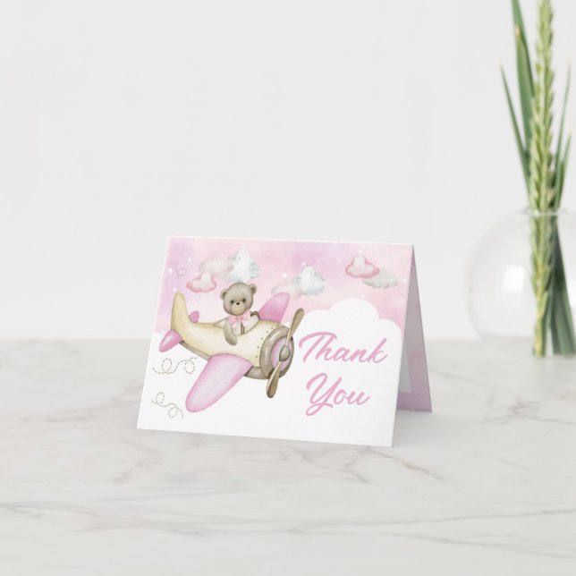 Pink Aeroplane Teddy Bear Girl Thank You Card (Front)