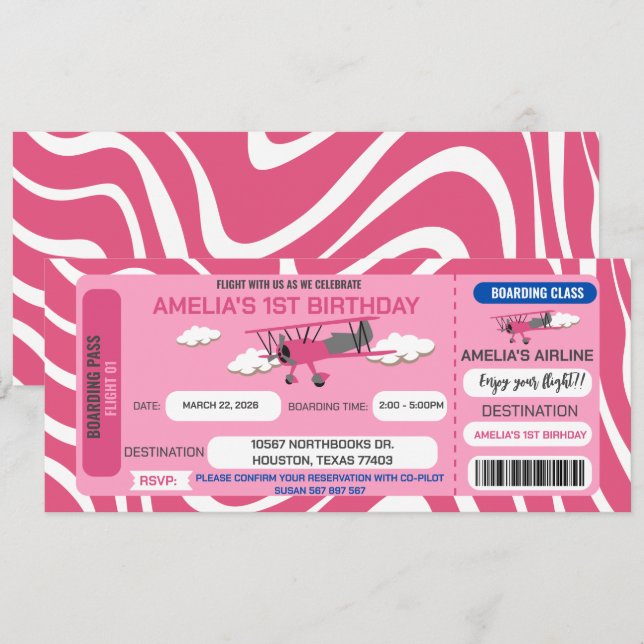 Pink Aeroplane Ticket Birthday Party Invitation (Front/Back)