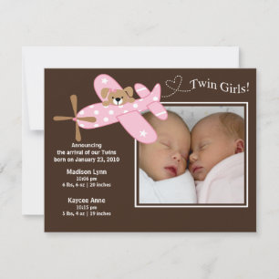 Pink Aeroplane Twin Girls Birth Annoucement Announcement