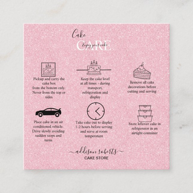 Pink Aesthetic Cake Care Square Business Card (Front)