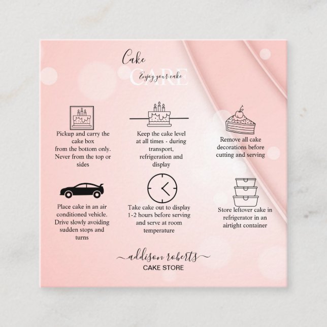 Pink Aesthetic Cake Care Square Business Card (Front)