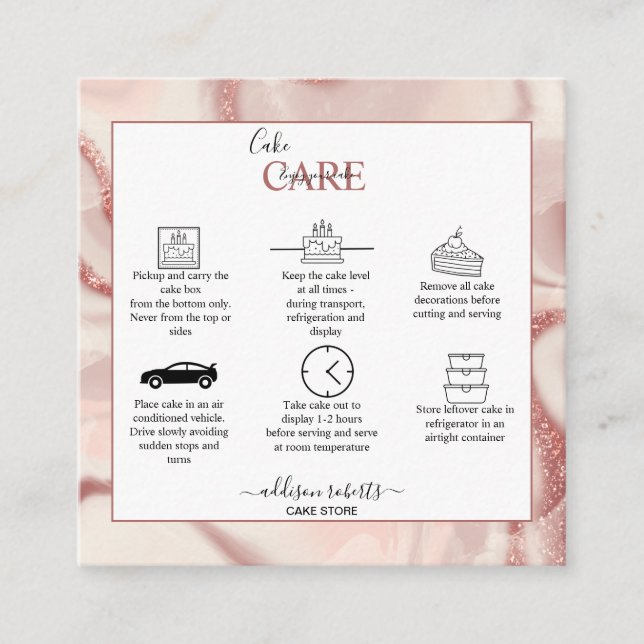 Pink Aesthetic Cake Care Square Business Card (Front)