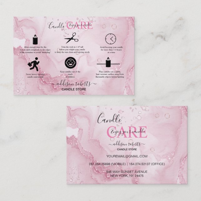 Pink Aesthetic Candle Care Square Business Card (Front/Back)