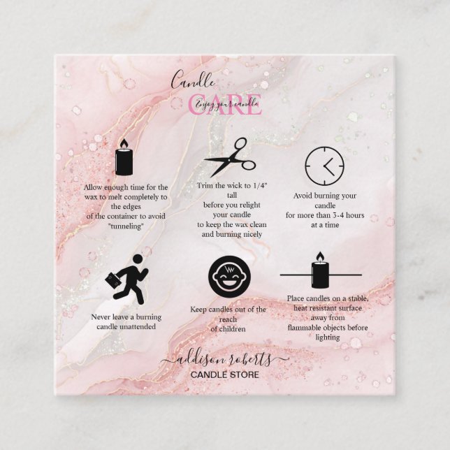 Pink Aesthetic Candle Care Square Business Card (Front)