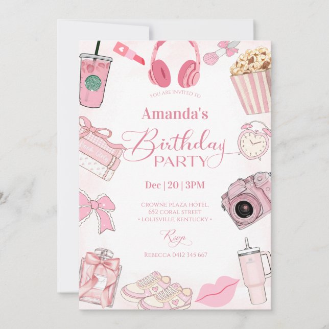 Pink Aesthetic Girl Birthday Party Invitation (Front)