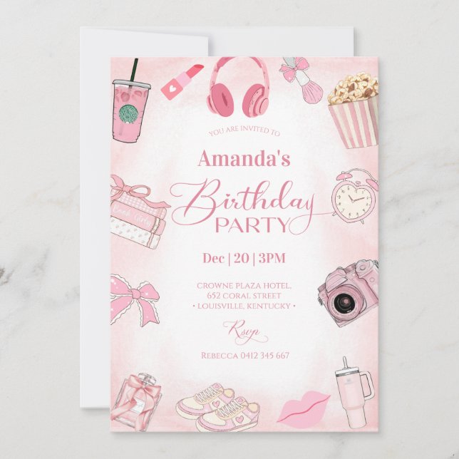 Pink Aesthetic Girl Birthday Party Invitation (Front)