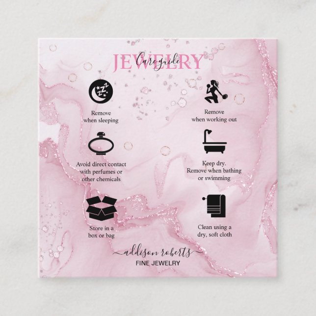 Pink Aesthetic Jewellery Care Square Business Card (Front)