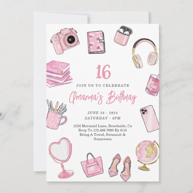 Pink Aesthetic, Pink Teen Girl Birthday Invitation (Front)