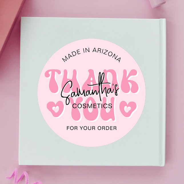 Pink Aesthetic Retro Groovy Thank You Business Classic Round Sticker (Creator Uploaded)