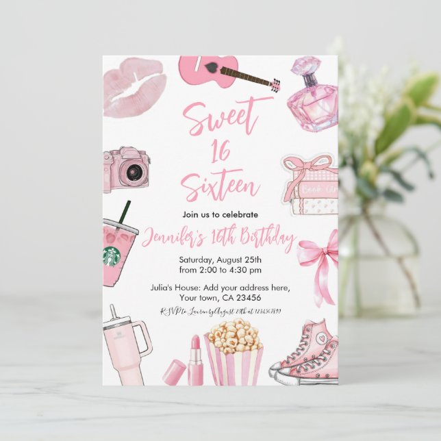 Pink aesthetic Sweet Sixteen 16 Teen Girl Birthday Invitation (Standing Front)