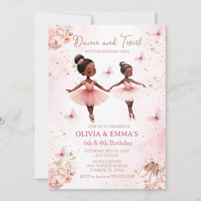 Pink African American Ballerina Joint Birthday Invitation (Front)
