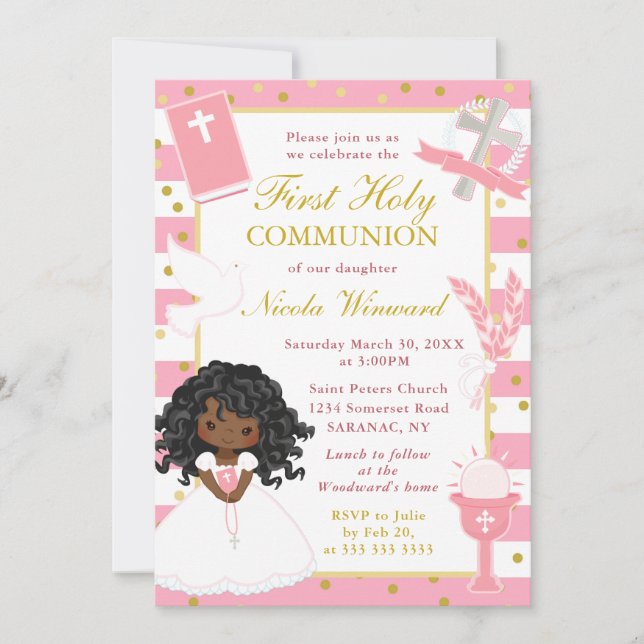 Pink African American Girl First Holy Communion Invitation (Front)